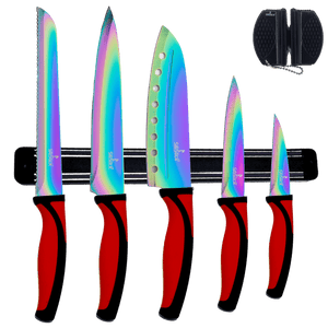 Kitchen Knife Set Kit | Red Handle & Black Magnetic Rack